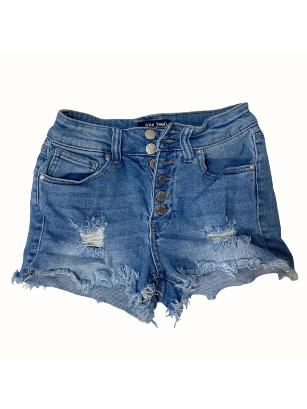 Wax Jean High Rise Button Fly Distressed Cut Off Denim Blue Jean Shorts Size S